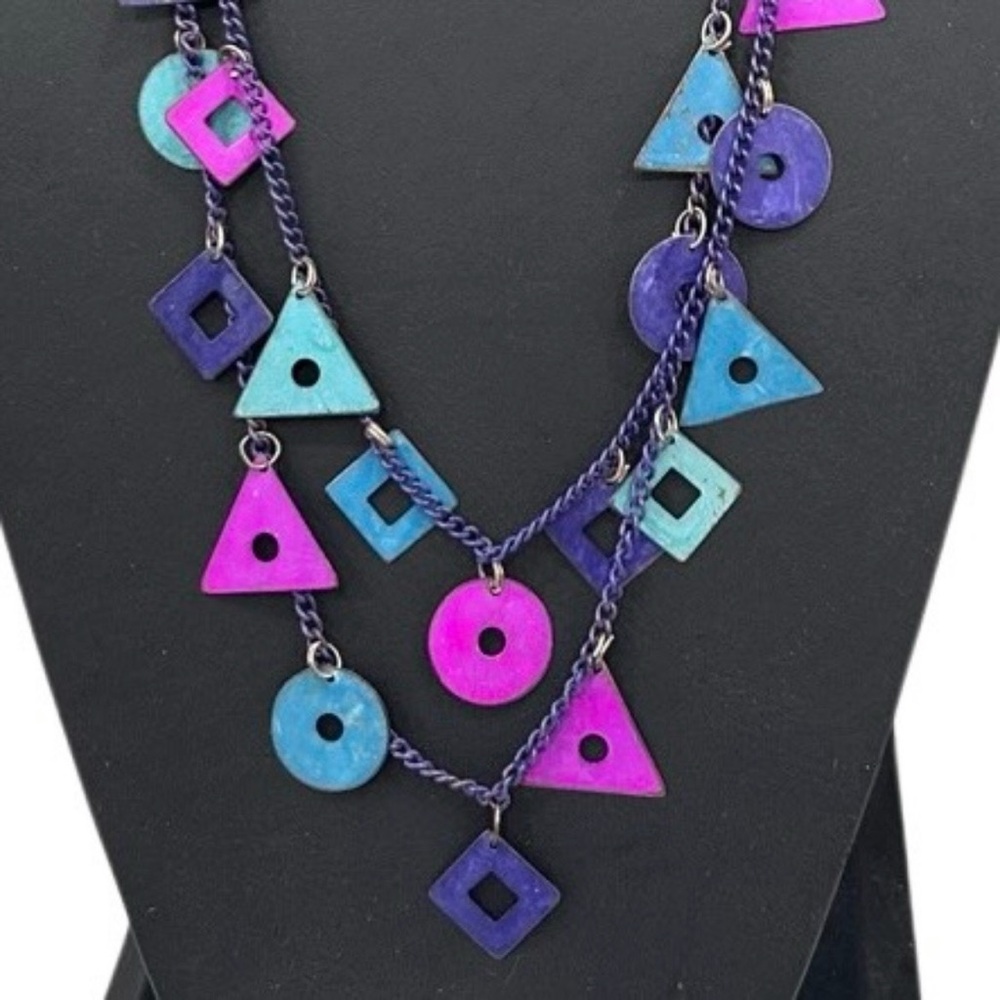 Vtg Carol Graham
Statement Long Necklace
28" Multicolor Geometric Shapes Metal